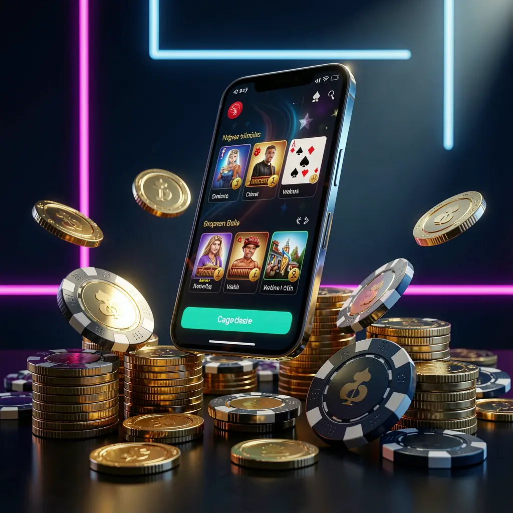 1PPP online casino app promotion banner showing a phone floating above golden coins and poker chips with a dark blue and black background and cinematic neon glow in a realistic 3D render