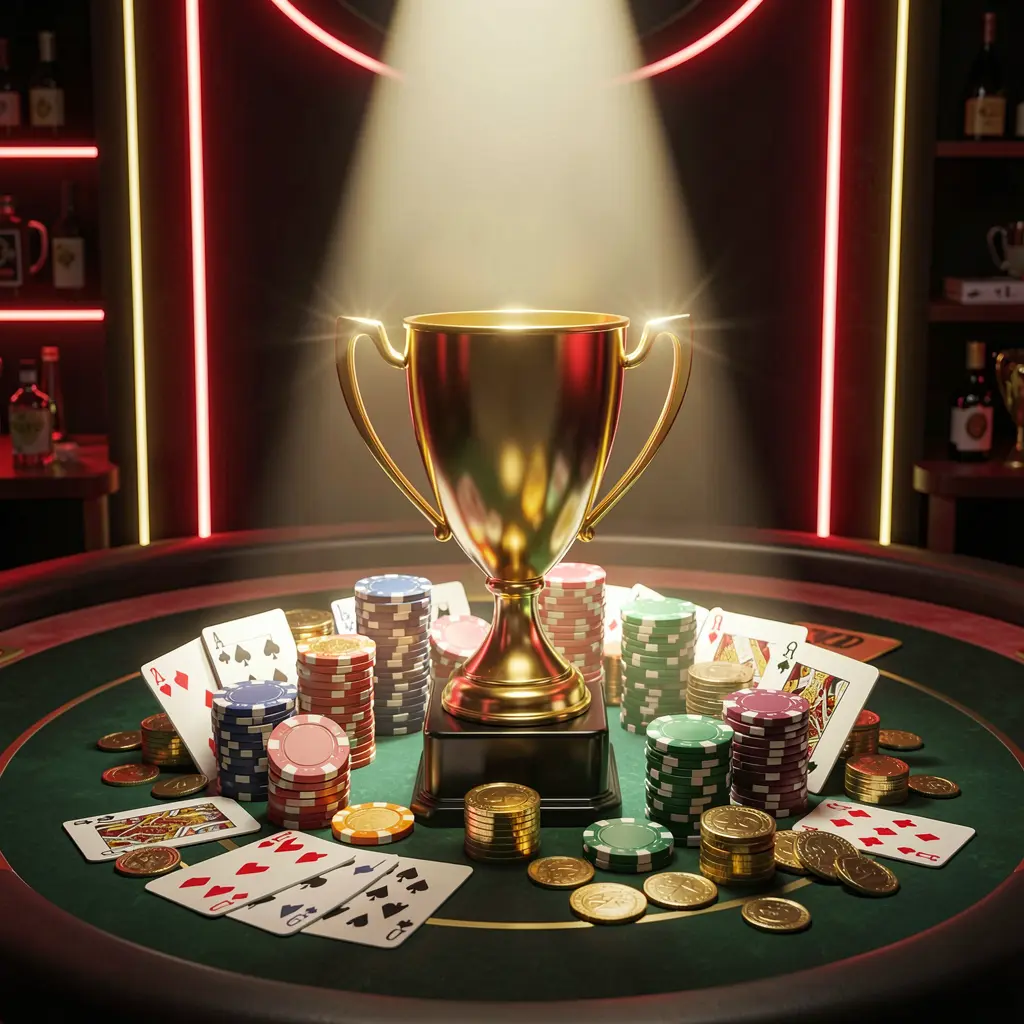1PPP casino tournament bonus concept featuring a golden trophy surrounded by poker chips, playing cards, and coins under a bright spotlight in a competitive luxury casino atmosphere with dark background and red and gold neon accents