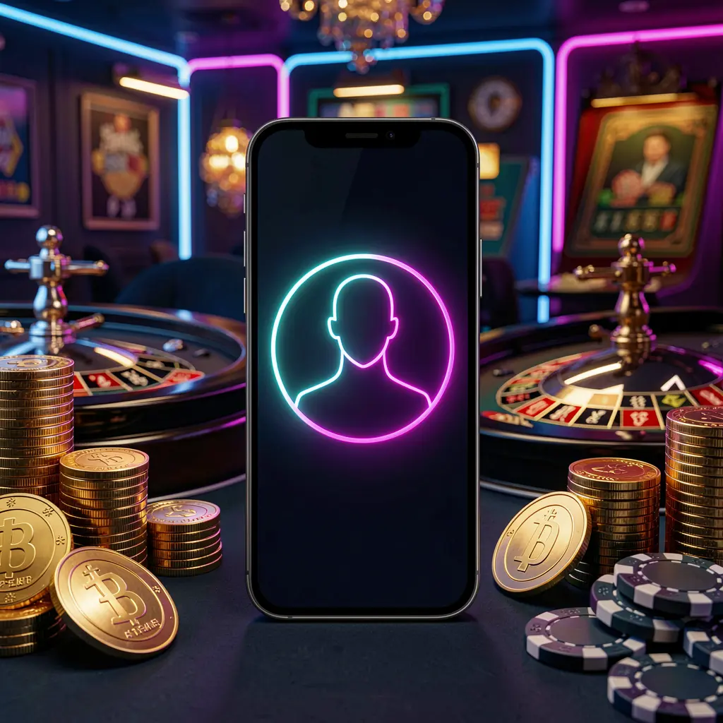 1PPP online casino login hero image featuring a modern phone with a glowing profile icon, roulette lights in the background, and golden coins and poker chips in a premium dark neon atmosphere