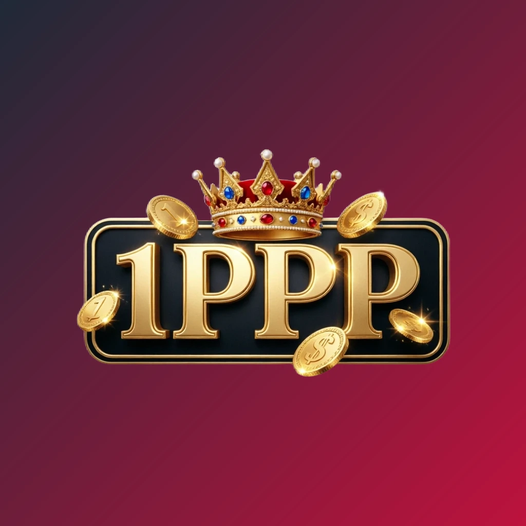 1PPP casino-style logo featuring golden letters with a crown element and sparkling coins, set in a luxury gaming atmosphere on a transparent background, designed as a horizontal rectangular wordmark for a website header