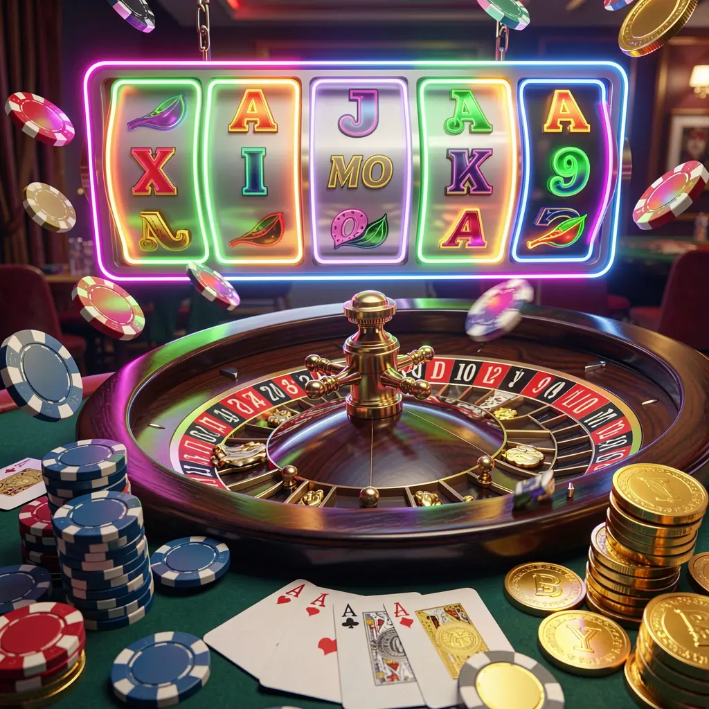 1PPP casino homepage visual featuring jackpot lights, a roulette wheel, poker chips, playing cards, and golden coins with bright neon glow in a realistic 3D render